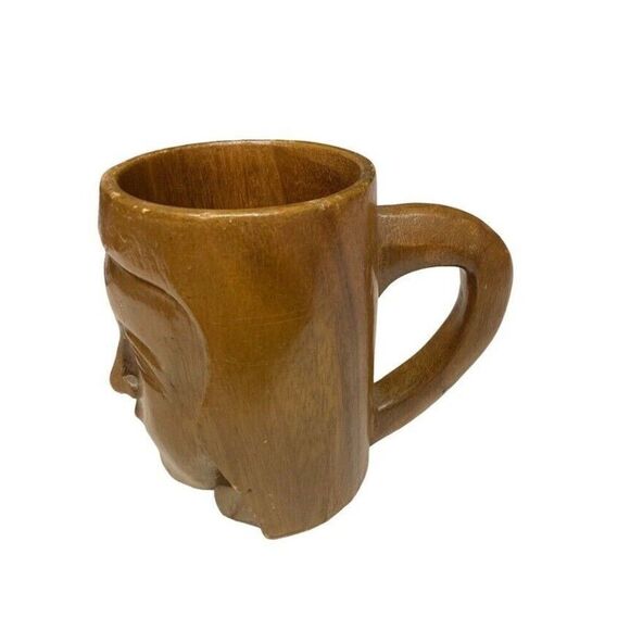 Tiki Type Inspired Wooden Carved Mug Boho Tribal Face Handle Vintage Bar Cup Mug - Picture 4 of 12